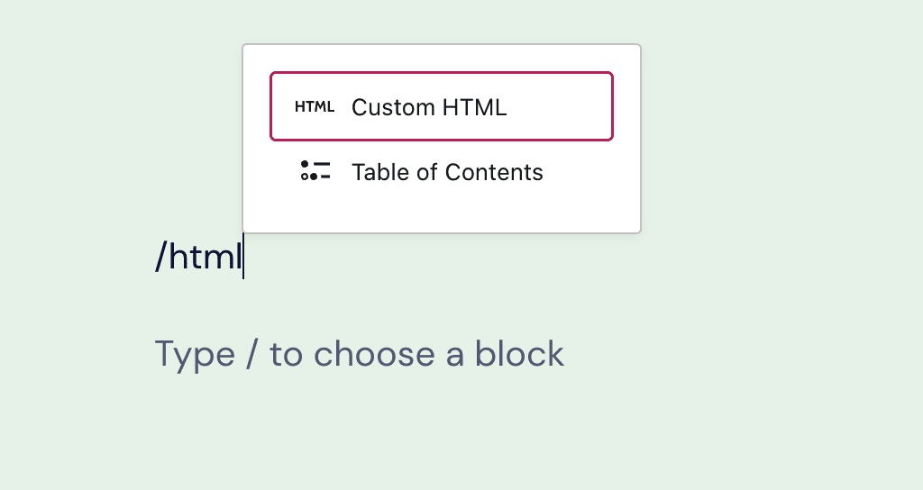 WordPress: po napísaní /html sa ponúkne blok Vlastné HTML (Custom HTML)