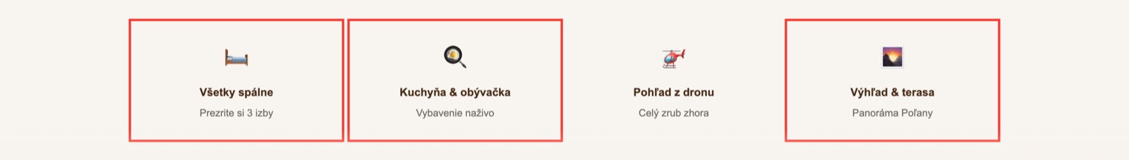 Karty s odkazmi do spální, kuchyne a na terasu