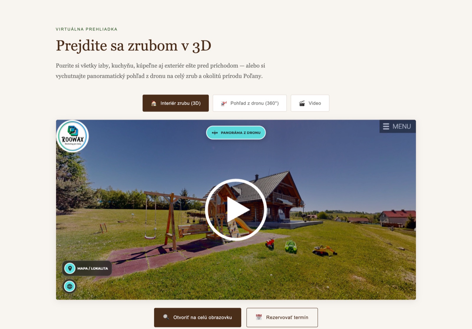 Vložená 3D prehliadka na webe zrubpodpolanou.sk. Návštevník ju spustí priamo na stránke.